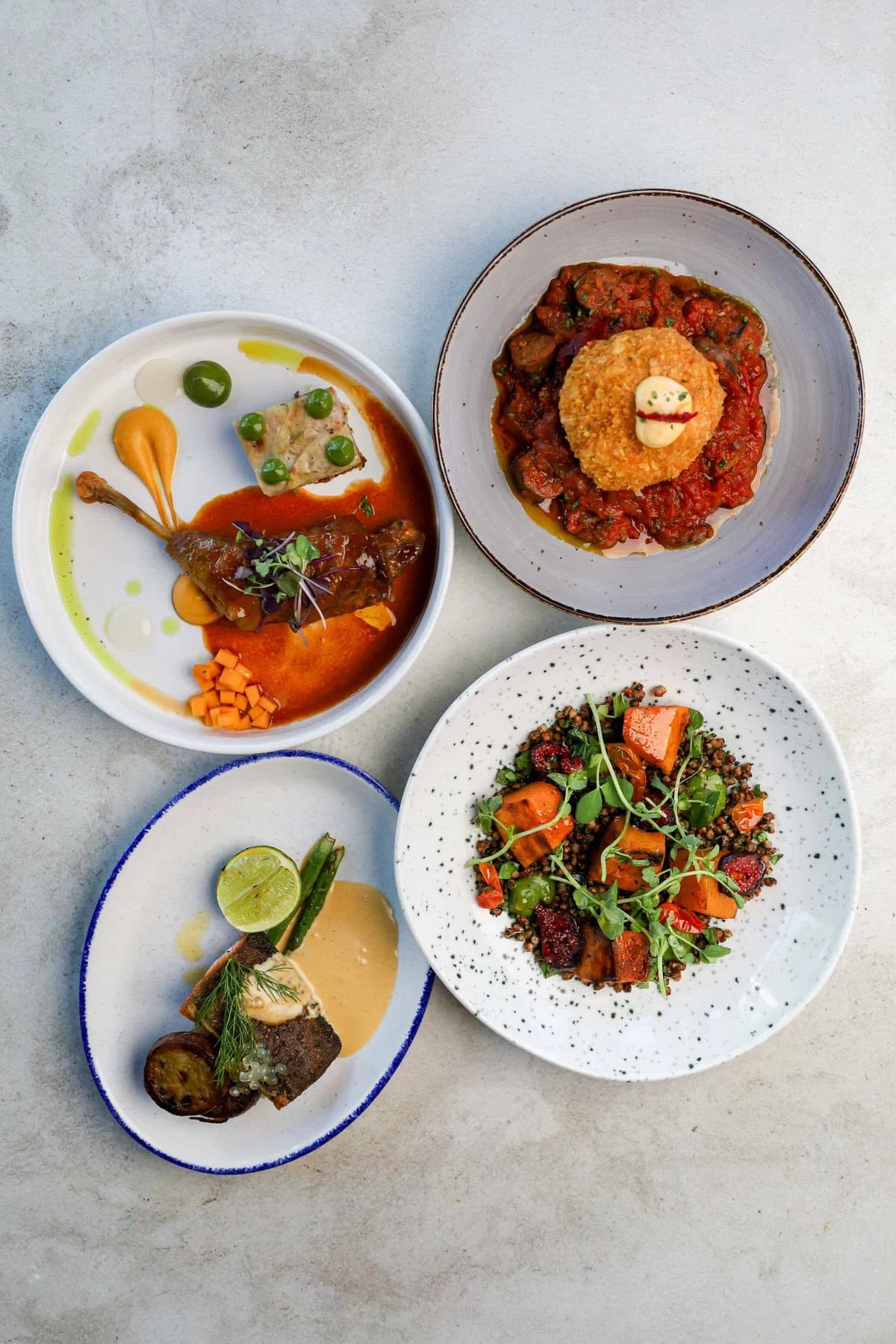 Overhead view of four restaurant dishes featuring meat, fish, grains, vegetables and colourful sauces.