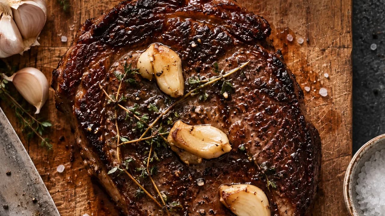 Overhead view of a deeply browned ribeye steak on a rustic wooden board.