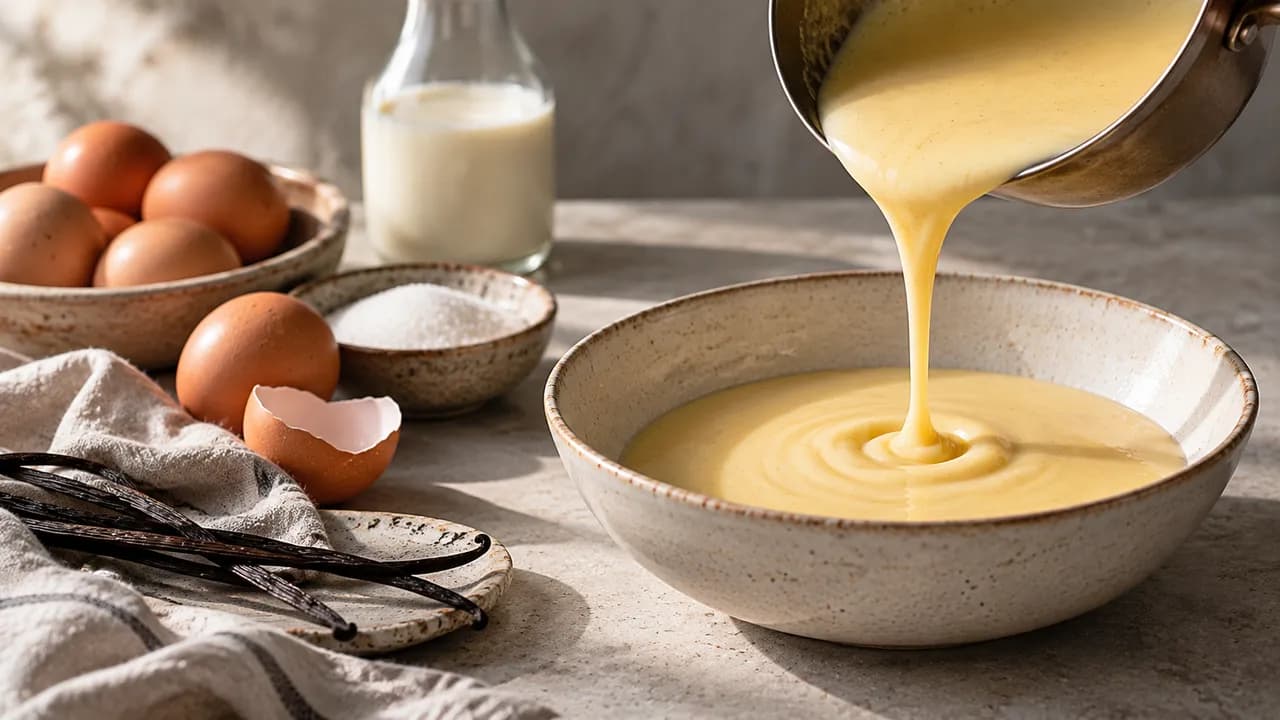 Custard being poured into a bowl and some raw eggs next to the bowl