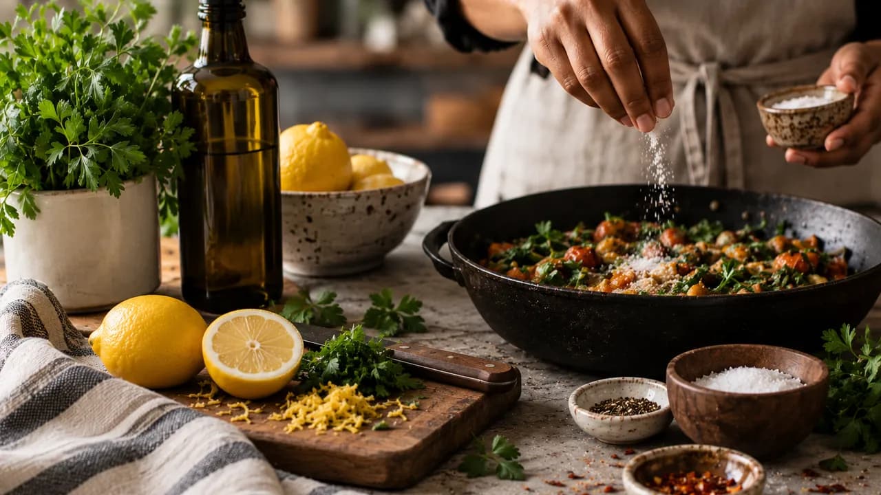 Cook sprinkling salt over a pan of vegetables in a warm kitchen