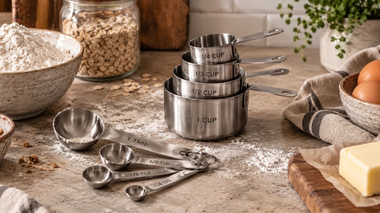 Rustic kitchen scene with stacked stainless-steel measuring cups and spoons surrounded by flour, oats, eggs and butter.