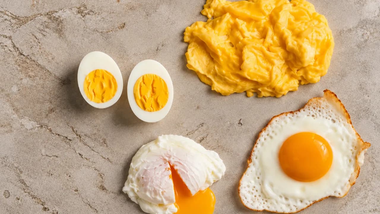 Cooked boiled, poached, scrambled and fried eggs