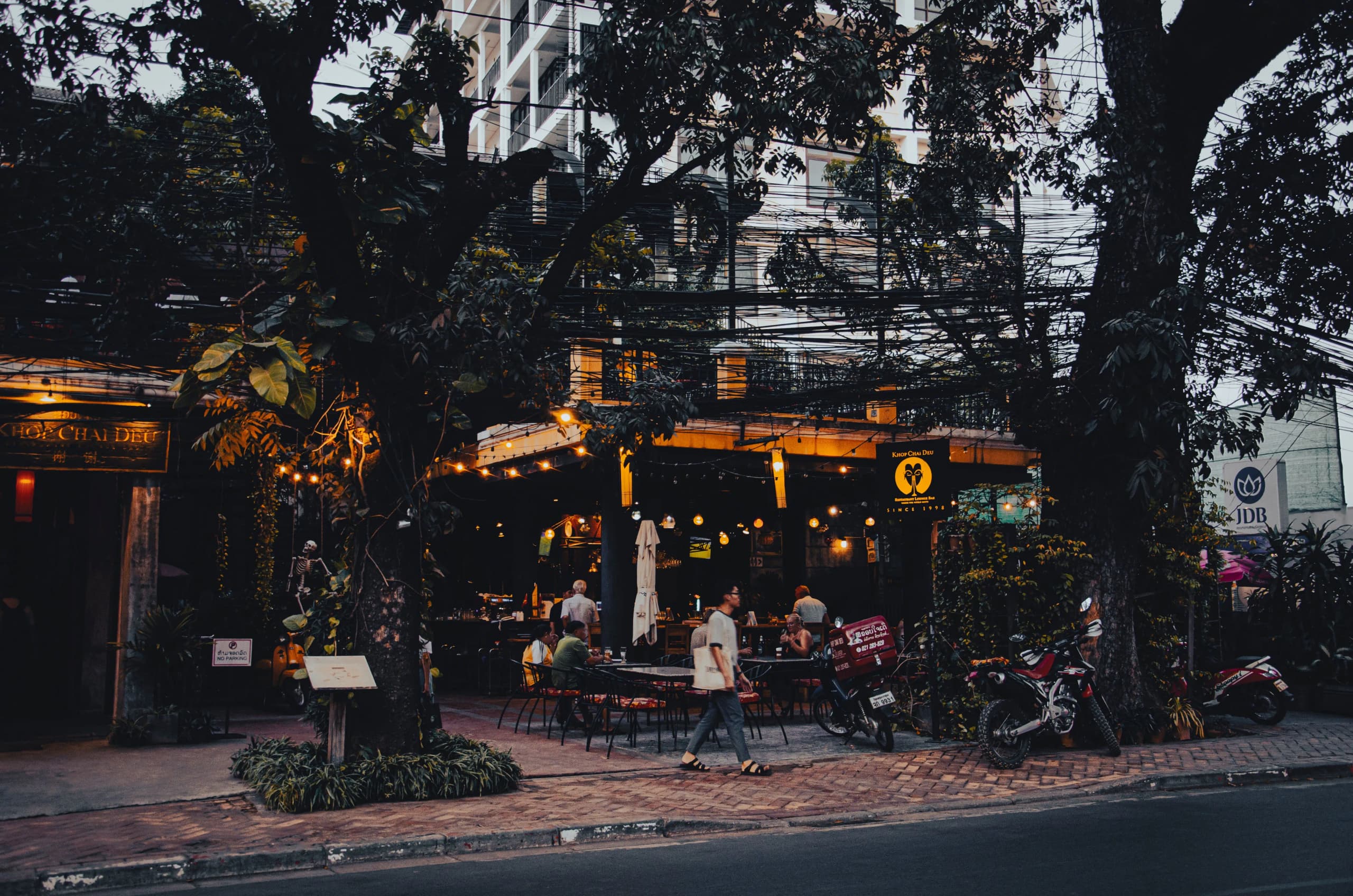 Tree-lined urban restaurant with outdoor seating, warm lighting and diners gathered along the street.